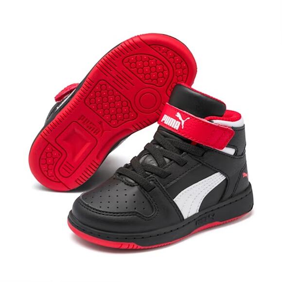 Puma Rebound Layup Mid Top Hook & Loop Sneaker Shoe Black Red White Kids Size 1C
